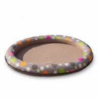 Asmota inflatable dog swimming pool with a grey base and a colourful polka dot pattern on the circular rim
