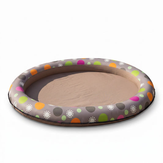 Asmota inflatable dog swimming pool with a grey base and a colourful polka dot pattern on the circular rim