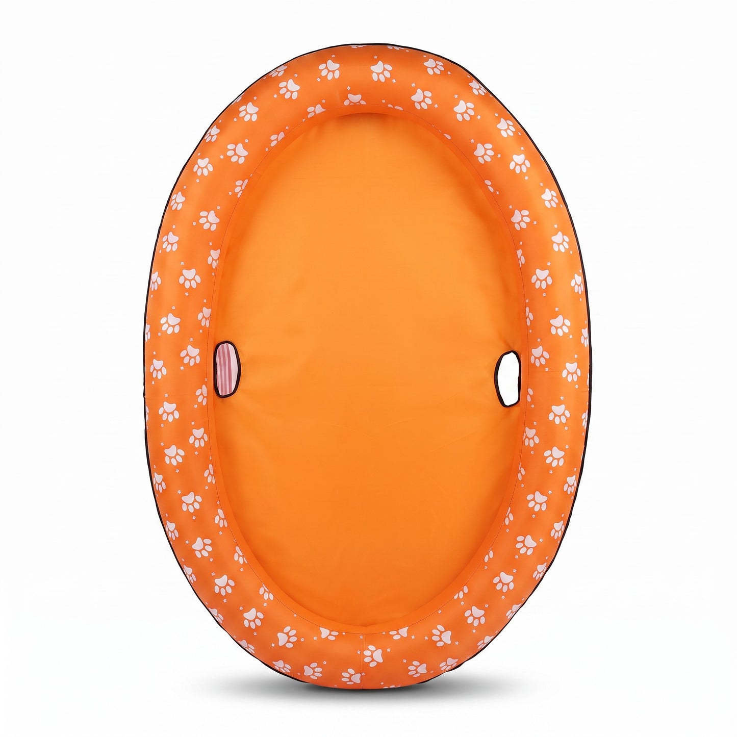 Asmota orange inflatable dog pool float with white paw print pattern, made of durable Oxford cloth and PVC