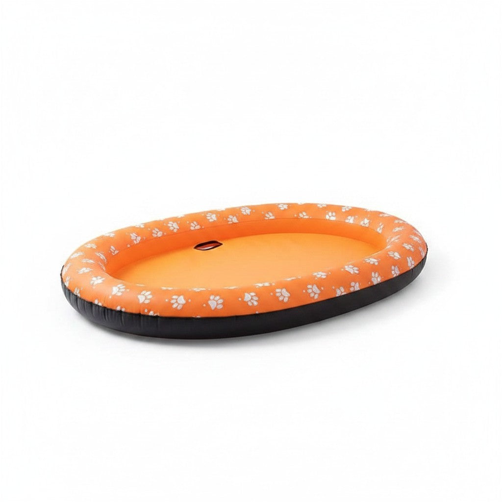 Asmota orange inflatable dog pool float with white paw print pattern and durable oxford cloth cover