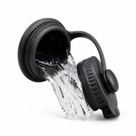 Asmota pet pool drain valve cap with water pouring out, showing the quick-drain mechanism for easy cleaning.