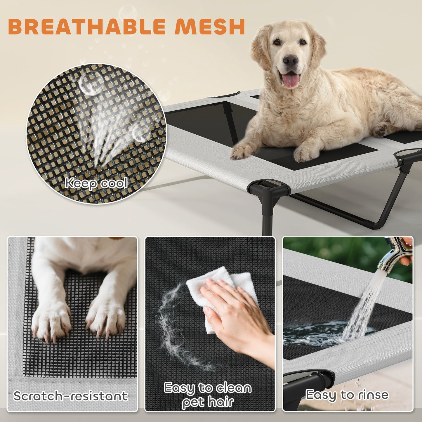 Elevated Light Gray Dog Bed with Removable Canopy & Cooling Pad