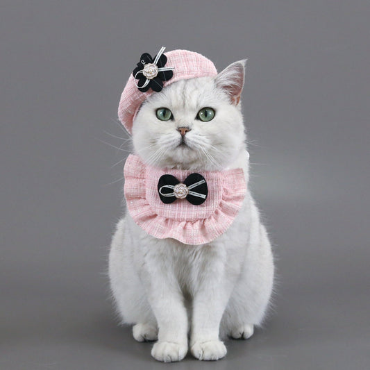 Flower Pattern Dog Beret Hat and Bow Lace Bib Set