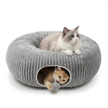 Cat Tunnel Bed with Interactive Toys Tube for Indoor Kittens, Collapsible, White