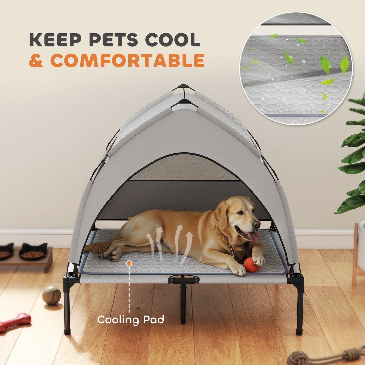 Elevated Light Gray Dog Bed with Removable Canopy & Cooling Pad