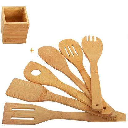 Bamboo Spatula Set with Square Holder Eco - Friendly with Ergonomic Handle Kitchen Utensil - Asmota