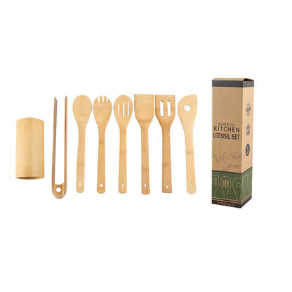 Bamboo Spatula Set with Square Holder Eco - Friendly with Ergonomic Handle Kitchen Utensil - Asmota