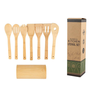 Bamboo Spatula Set with Square Holder Eco - Friendly with Ergonomic Handle Kitchen Utensil - Asmota