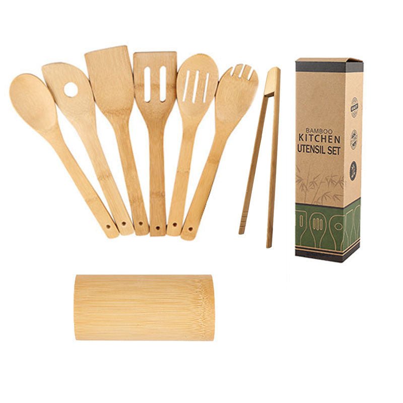 Bamboo Spatula Set with Square Holder Eco - Friendly with Ergonomic Handle Kitchen Utensil - Asmota
