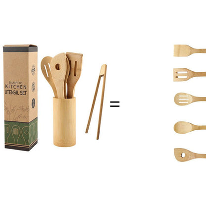 Bamboo Spatula Set with Square Holder Eco - Friendly with Ergonomic Handle Kitchen Utensil - Asmota