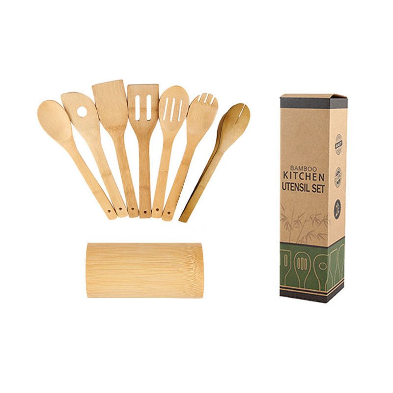 Bamboo Spatula Set with Square Holder Eco - Friendly with Ergonomic Handle Kitchen Utensil - Asmota