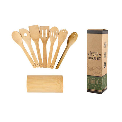 Bamboo Spatula Set with Square Holder Eco - Friendly with Ergonomic Handle Kitchen Utensil - Asmota