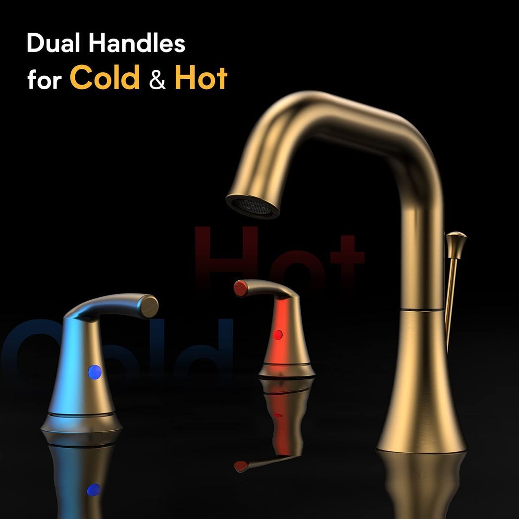 Bathroom Faucet 3 Hole - Bathroom Sink Faucet 2 - Handle 3 - Hole, Brushed Gold Widespread 8 Inch Bathroom Faucet with Pop Up Drain Assembly, Lavatory Bathroom Vanity Sink Faucet, 100% Lead - free - Asmota