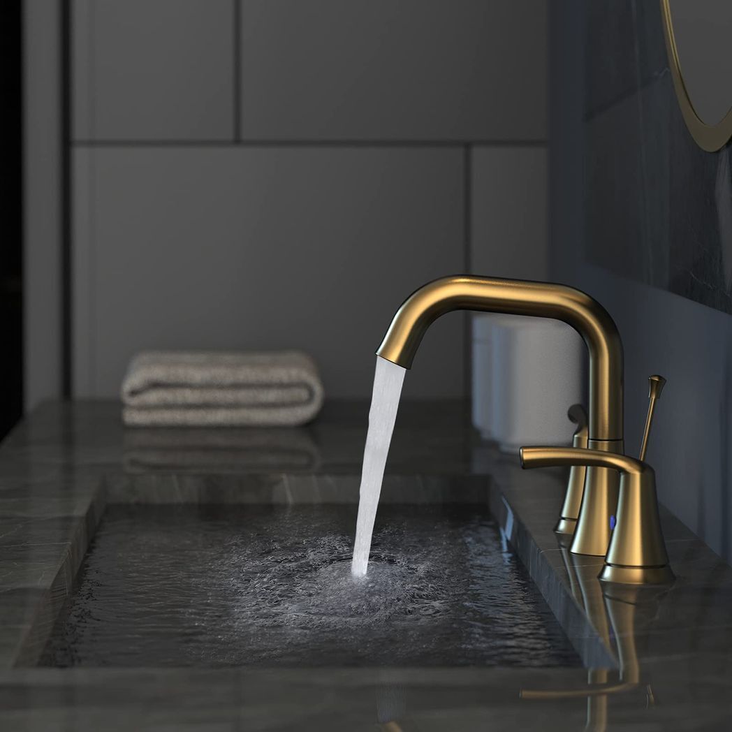 Bathroom Faucet 3 Hole - Bathroom Sink Faucet 2 - Handle 3 - Hole, Brushed Gold Widespread 8 Inch Bathroom Faucet with Pop Up Drain Assembly, Lavatory Bathroom Vanity Sink Faucet, 100% Lead - free - Asmota