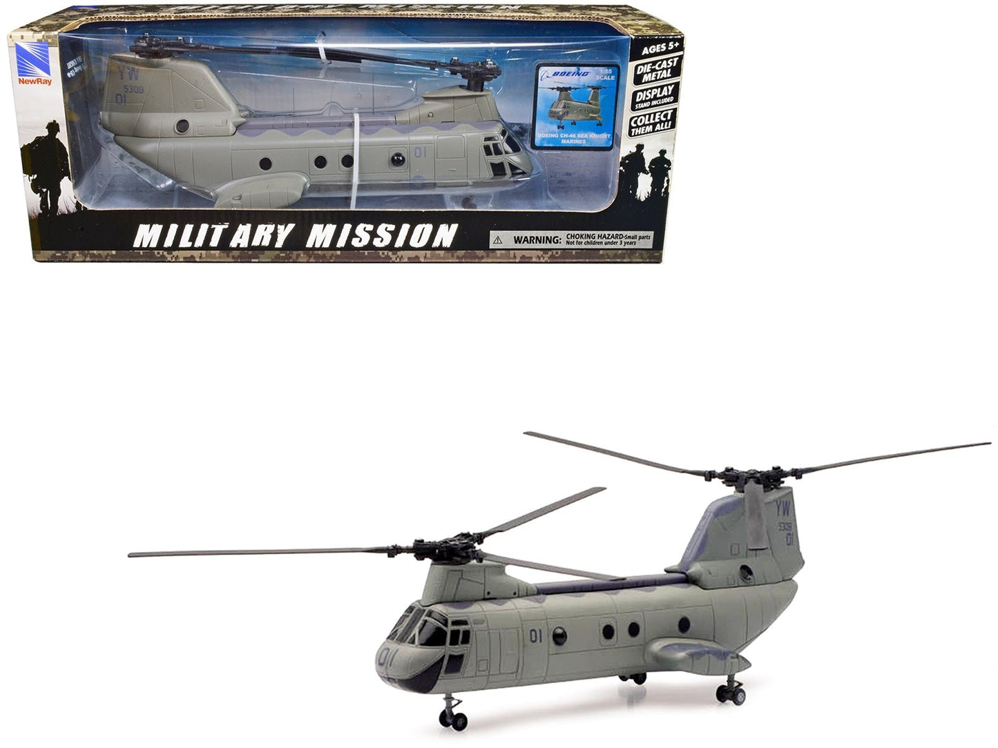 Boeing CH - 46 Sea Knight Helicopter Olive Drab "United States Marines" "Military Mission" Series 1/55 Diecast Model by New Ray - Asmota