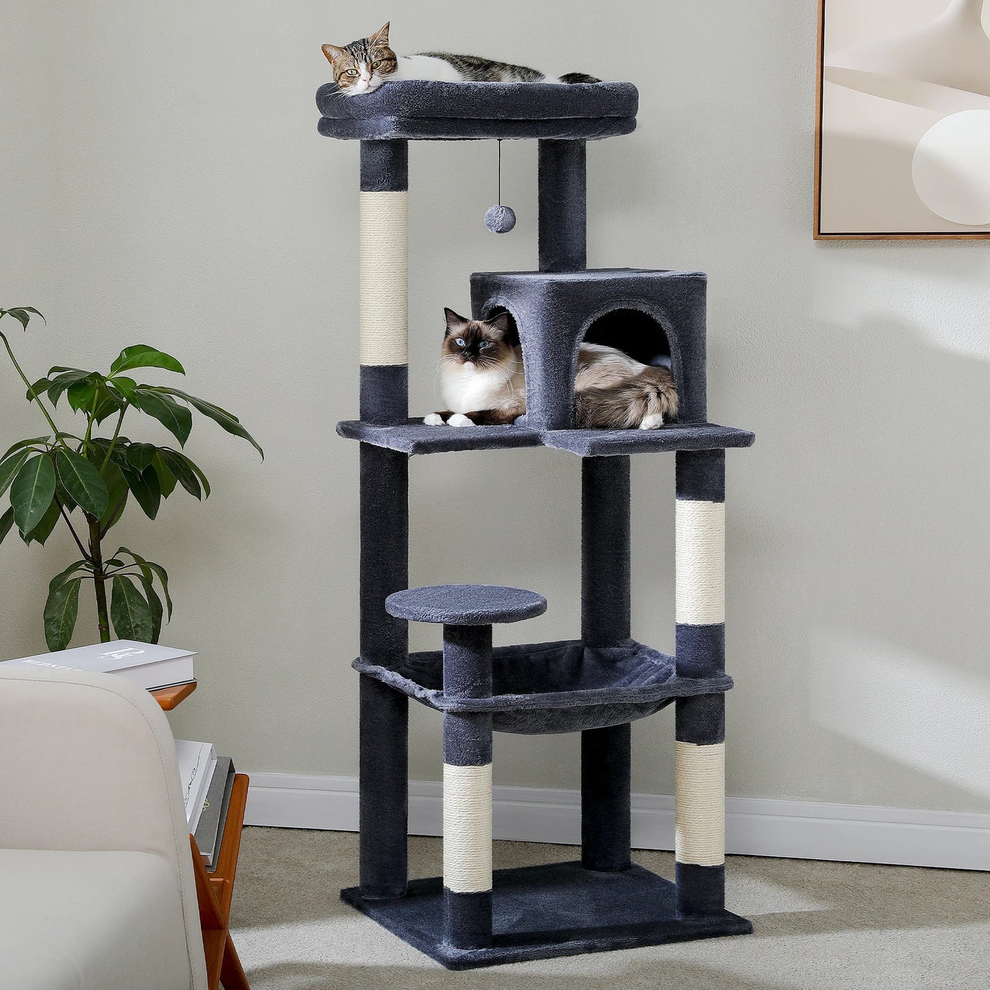 Cat Tree for Indoor Cats 5 - Level Cat Tower for Large Cats with Large Hammock Sisal Covered Scratching Posts Cozy Condo Top Perch - Asmota