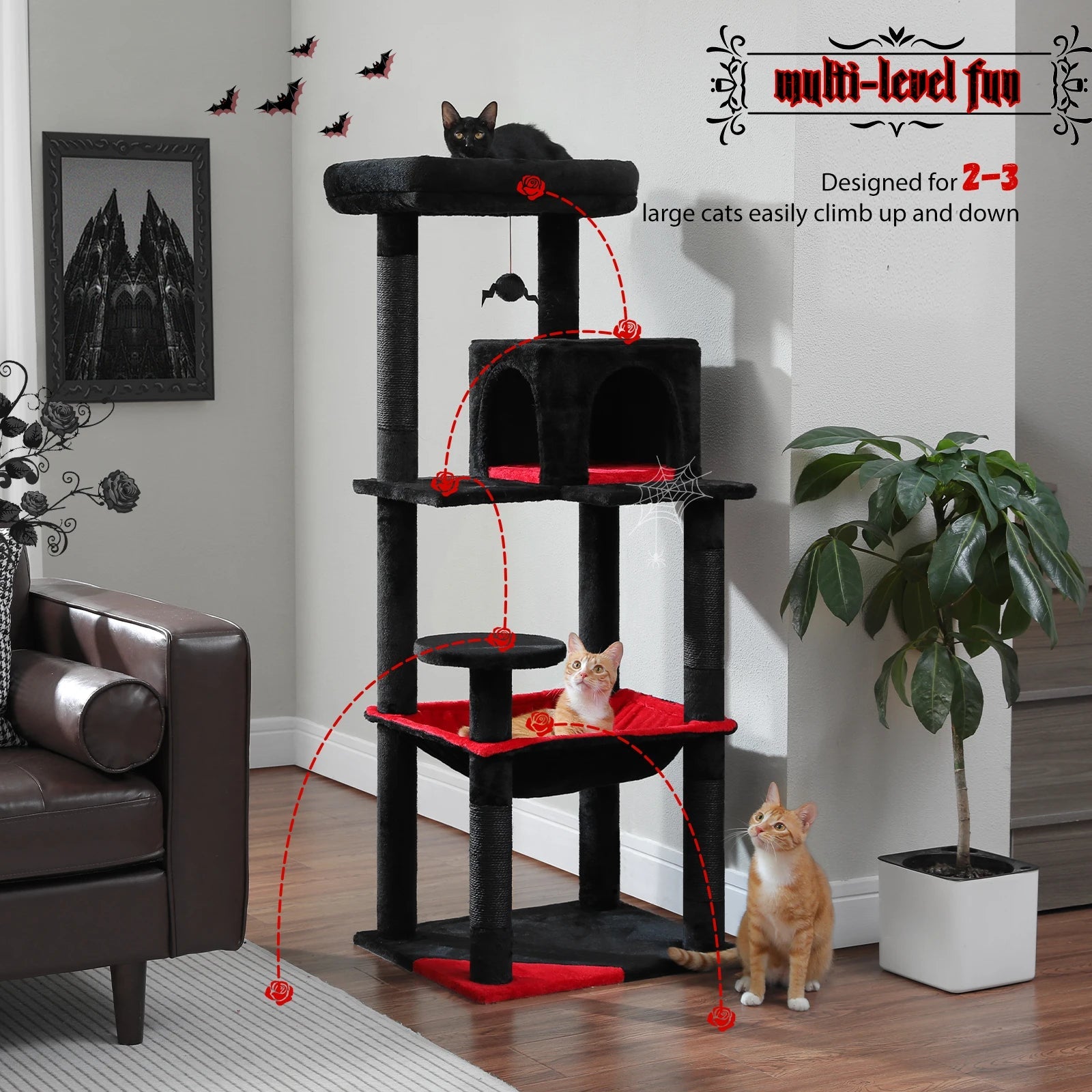 Cat Tree for Indoor Cats 5 - Level Cat Tower for Large Cats with Large Hammock Sisal Covered Scratching Posts Cozy Condo Top Perch - Asmota