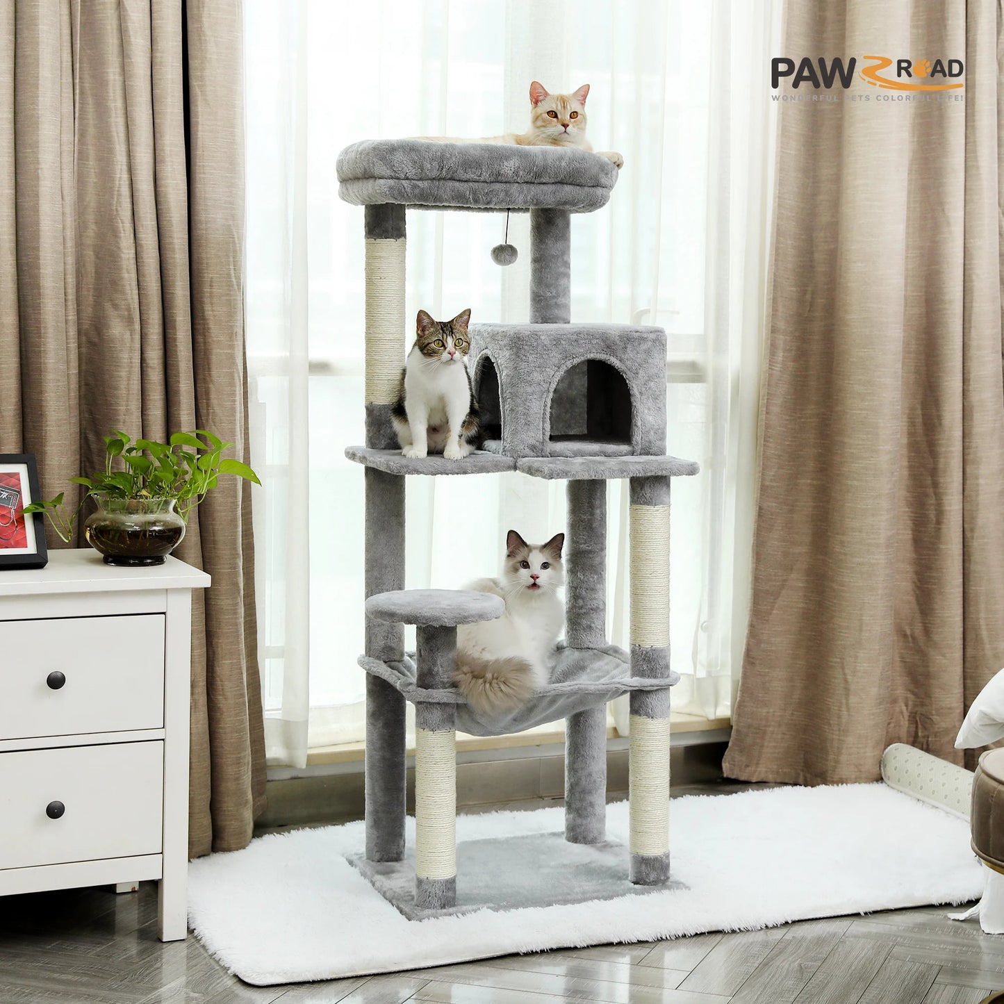 Cat Tree for Indoor Cats 5 - Level Cat Tower for Large Cats with Large Hammock Sisal Covered Scratching Posts Cozy Condo Top Perch - Asmota
