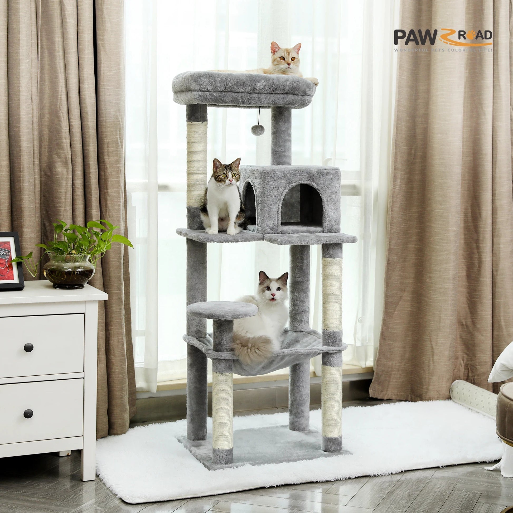 Cat Tree for Indoor Cats 5 - Level Cat Tower for Large Cats with Large Hammock Sisal Covered Scratching Posts Cozy Condo Top Perch - Asmota