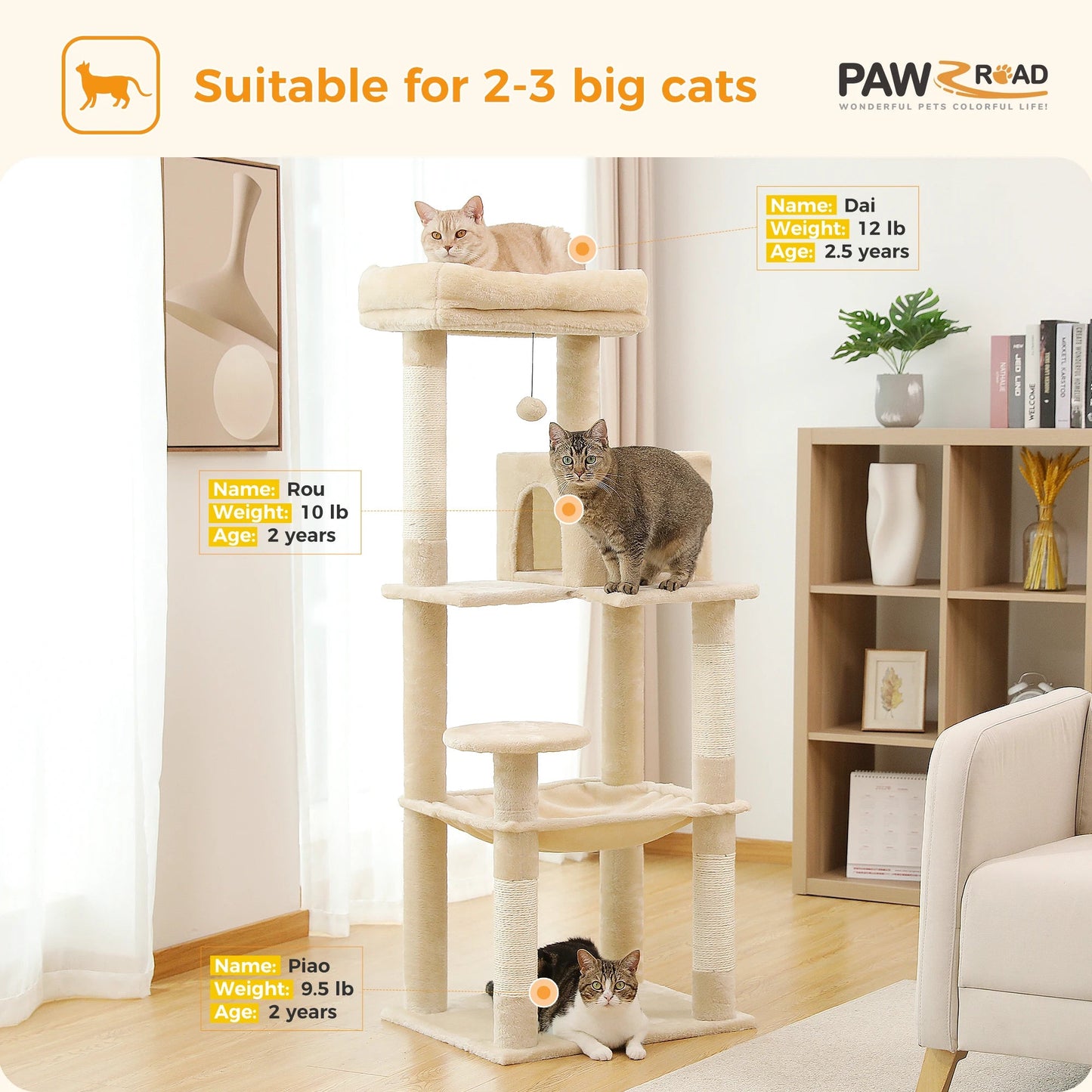 Cat Tree for Indoor Cats 5 - Level Cat Tower for Large Cats with Large Hammock Sisal Covered Scratching Posts Cozy Condo Top Perch - Asmota