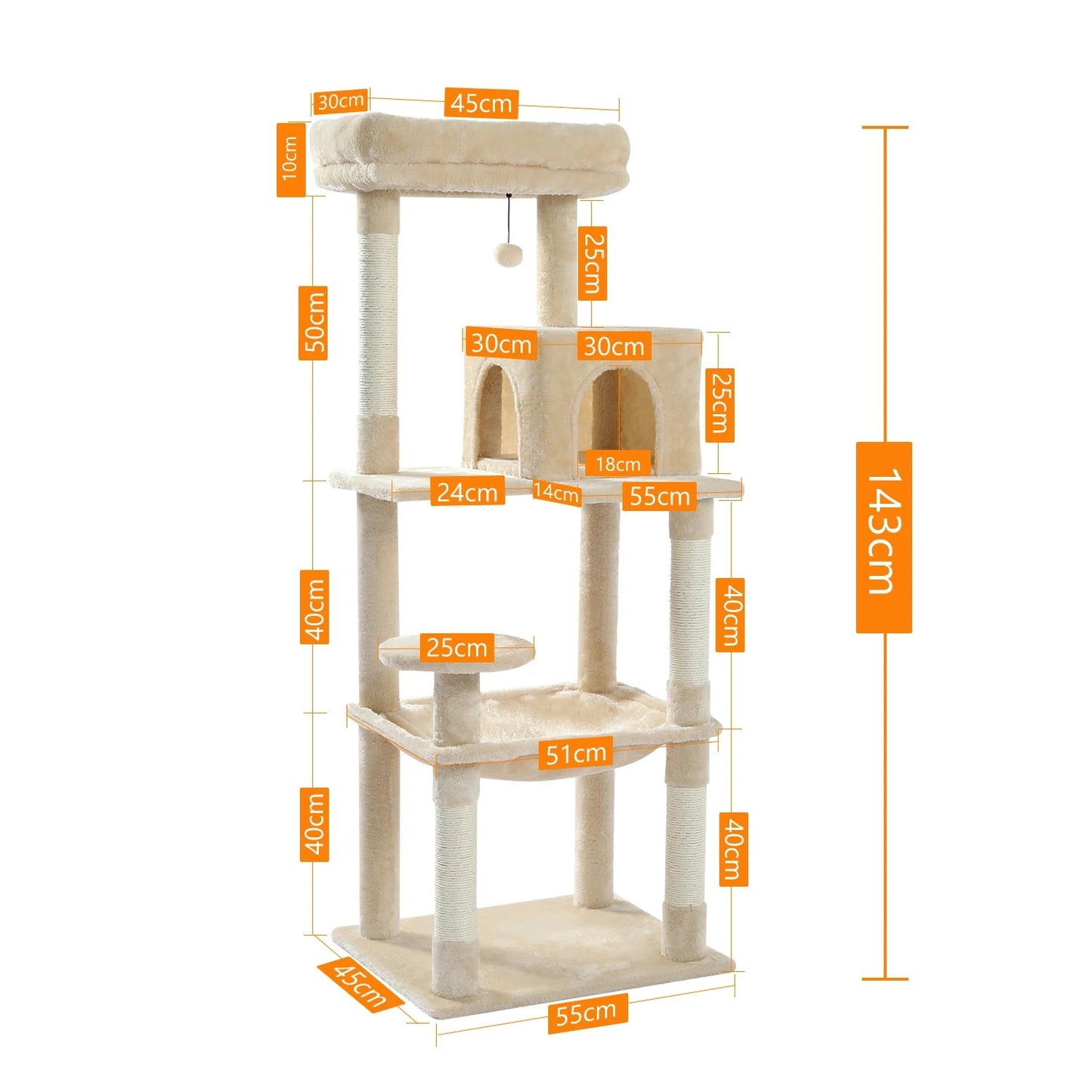 Cat Tree for Indoor Cats 5 - Level Cat Tower for Large Cats with Large Hammock Sisal Covered Scratching Posts Cozy Condo Top Perch - Asmota