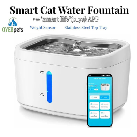 Cat Water Fountain with APP Wireless Connected 84oz/2.5L Automatic Pet Water Fountain with Stainless Steel Tray Weight Sensor - Asmota