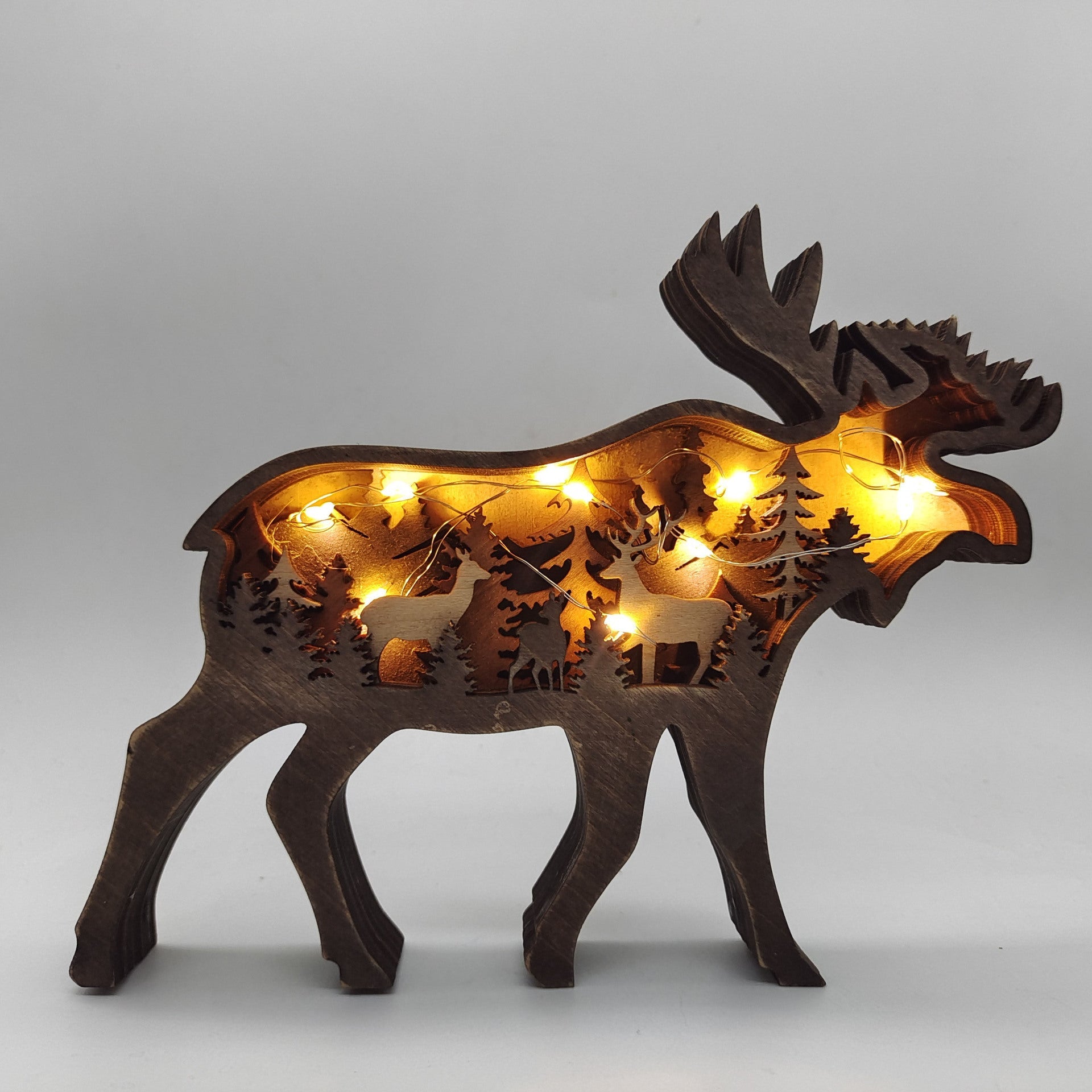 Christmas Decoration Wooden Animal Carving Handcraft Gift Wall Hanging Sculpture 3D Bear Deer Elk Art Decor New Year Ornaments - Asmota