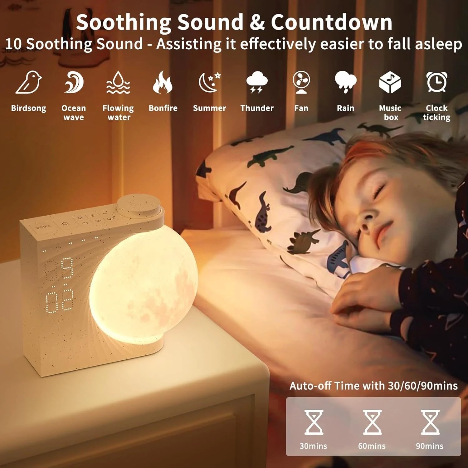 Colorful Atmosphere Moon Light Sunrise Alarm Clock Wake - Up Light Breathing Light Three - Speed Dimming Clock Dual Alarm Clock Timing Sound Machine for Heavy Sleepers Nightlight Sleep Aid Snooze 10 Nature Sounds 8 Colors Ideal for Gift - Asmota