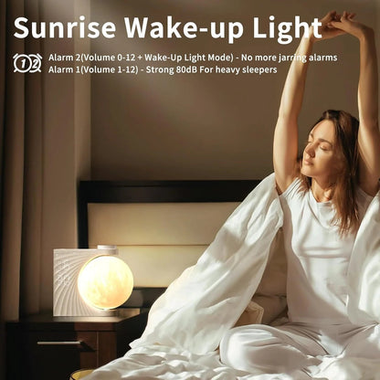 Colorful Atmosphere Moon Light Sunrise Alarm Clock Wake - Up Light Breathing Light Three - Speed Dimming Clock Dual Alarm Clock Timing Sound Machine for Heavy Sleepers Nightlight Sleep Aid Snooze 10 Nature Sounds 8 Colors Ideal for Gift - Asmota