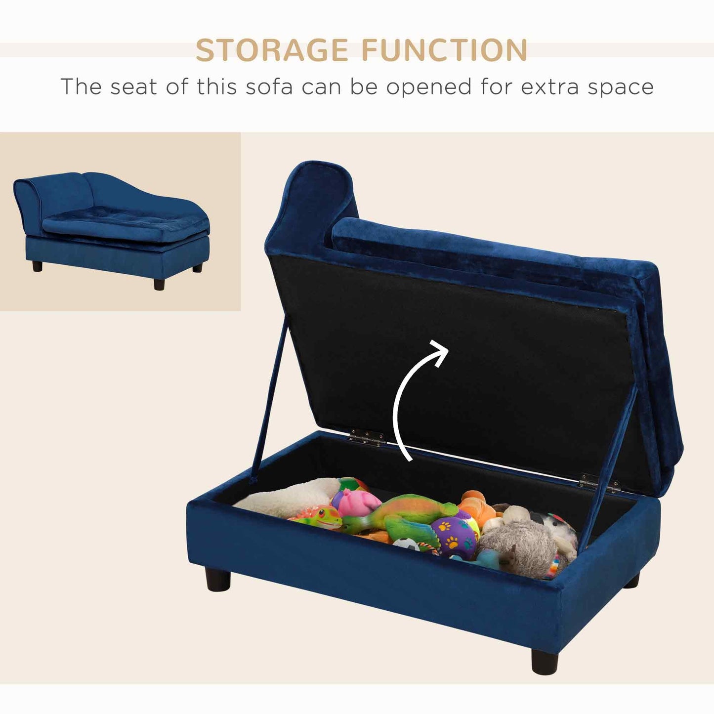 Luxury Small Dog Bed with Hidden Storage in Blue Fabric