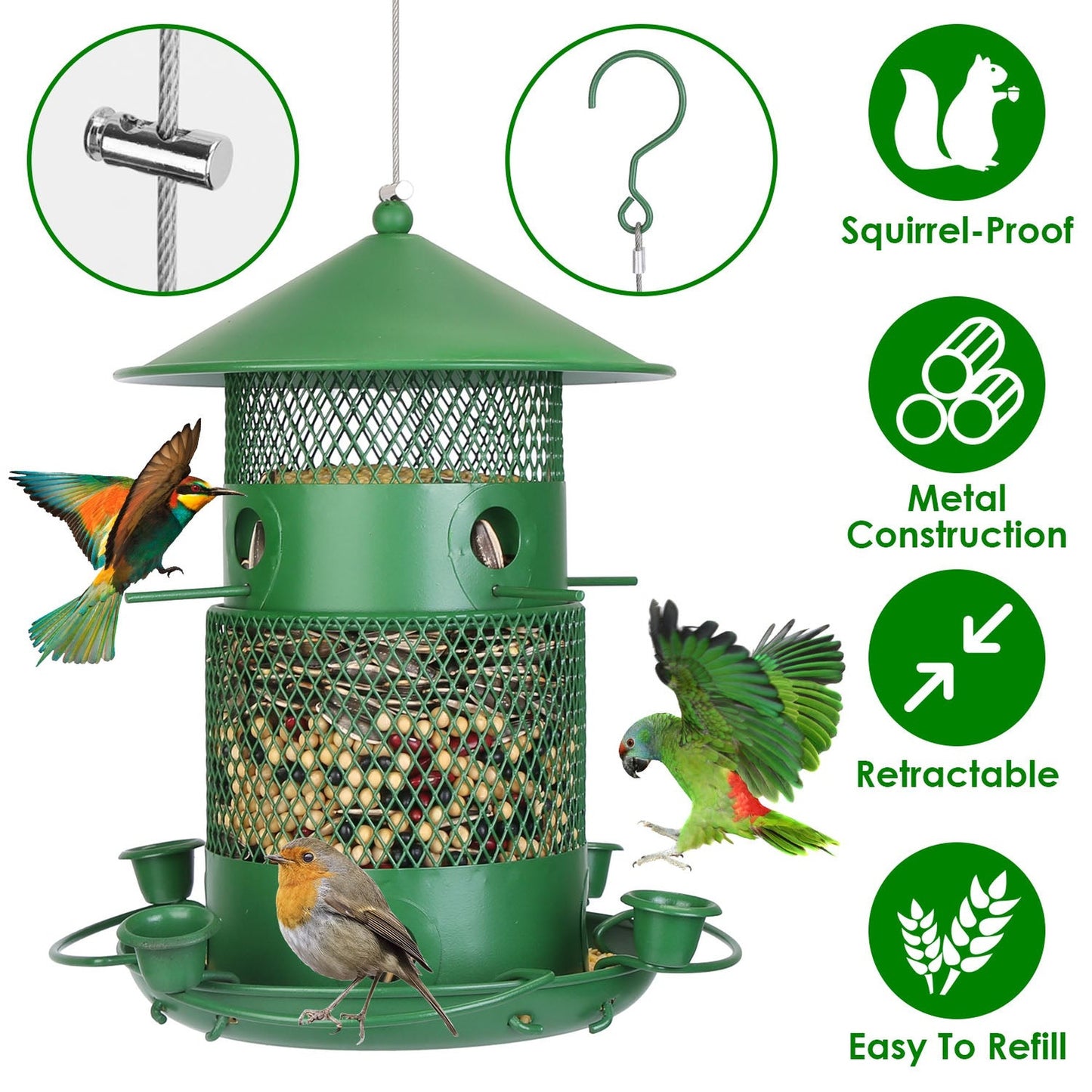 Green Metal Squirrel-Proof Wild Bird Feeder with 360° Perches
