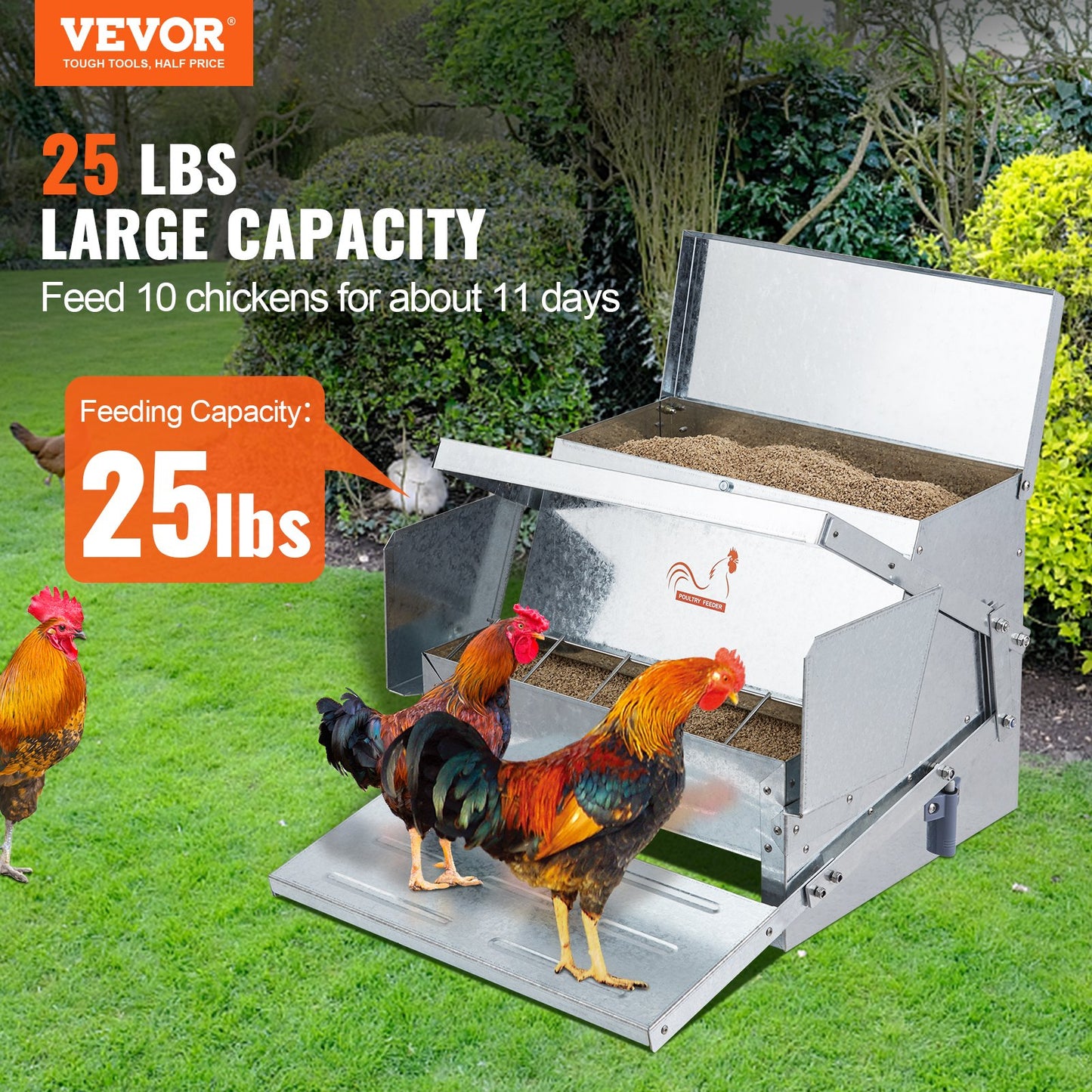 Automatic Chicken Feeder, 11.3kg Capacity Feeds 10 Chickens Up To 11 Days, Galvanized Steel Poultry Feeder