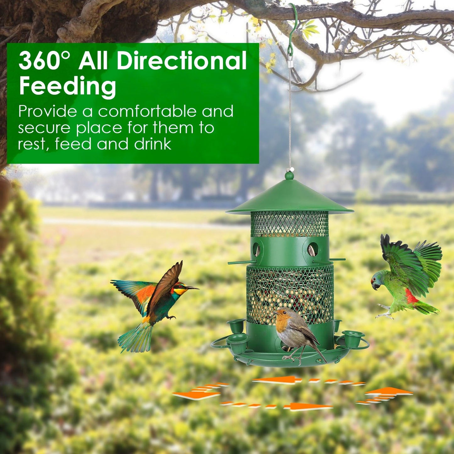 Green Metal Squirrel-Proof Wild Bird Feeder with 360° Perches