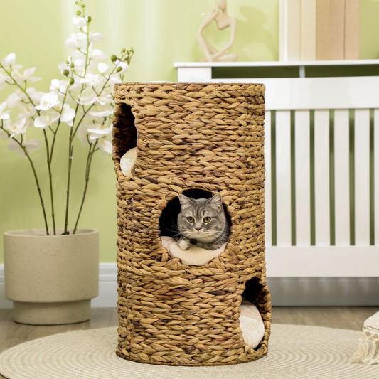Elevated Brown Cat Bed with Three Hideaways and Plush Cushions