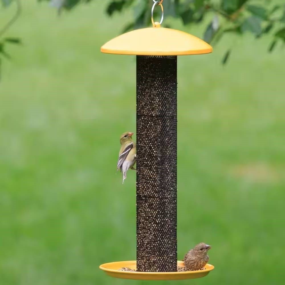 Durable Metal Mesh Tube Hanging Bird Feeder with Yellow Top and Perch - Asmota
