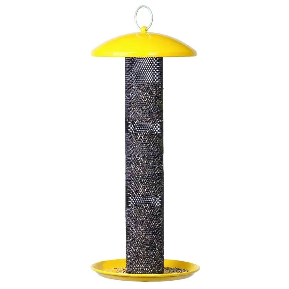 Durable Metal Mesh Tube Hanging Bird Feeder with Yellow Top and Perch - Asmota