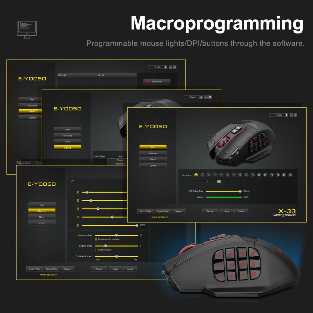 E - YOOSO X - 33 RGB USB 2.4G Wireless Gaming Mouse 16000 DPI 16 Buttons Programmable Game Optical Mice for Computer PC Laptop - Asmota