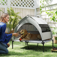 Elevated Light Gray Dog Bed with Removable Canopy & Cooling Pad