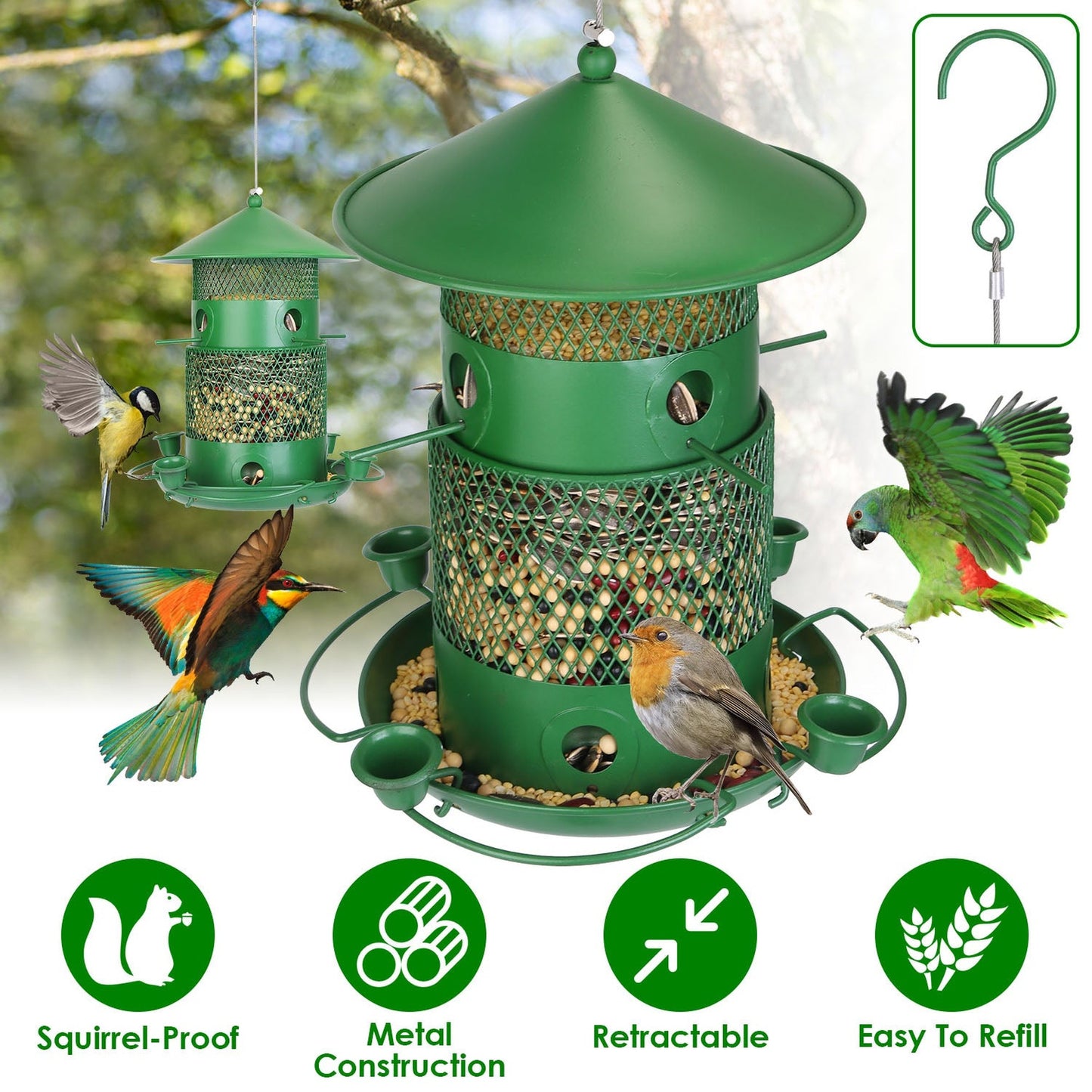 Green Metal Squirrel-Proof Wild Bird Feeder with 360° Perches