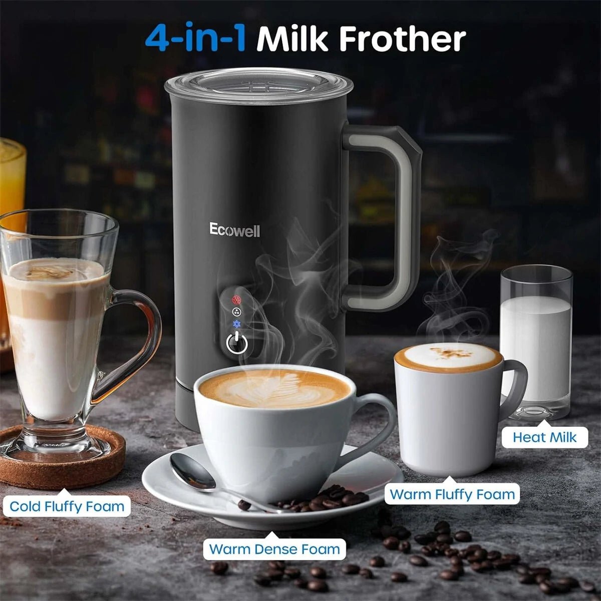 ECOWELL Milk Frother, Frother for Coffee 4 In 1, Milk Steamer Warm and Cold Foam Frother, Milk Steamer and Frother for Latte, Macchiato, Cappuccinos Silent Working 8.1oz/240 ml WMMF01 Black - Asmota