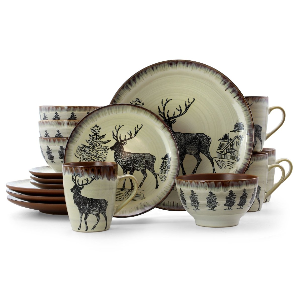 Elama Majestic Elk 16 Piece Luxurious Stoneware Dinnerware with Complete Setting for 4 - Asmota