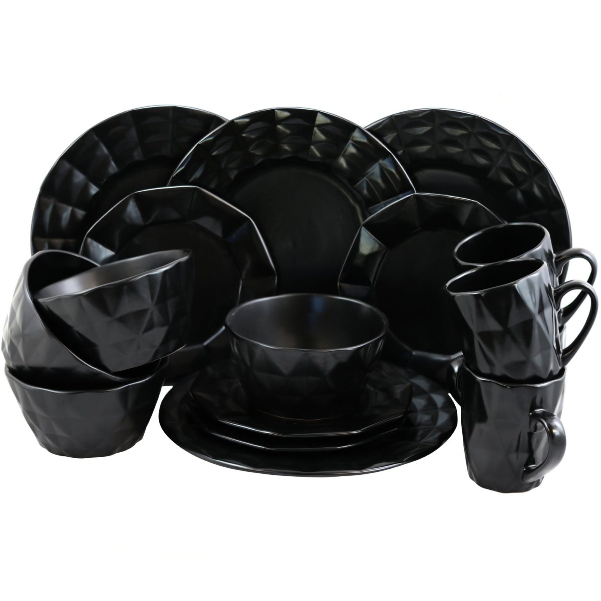 Elama Retro Chic 16 - Piece Glazed Dinnerware Set in Black - Asmota