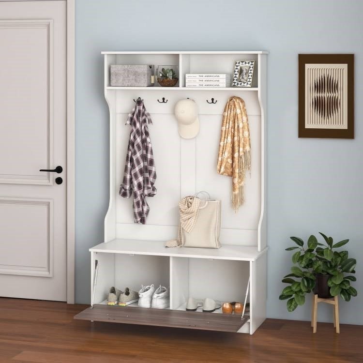 Entryway Bench Coat Rack Shoe Storage Cabinet in White Oak Wood Finish - Asmota