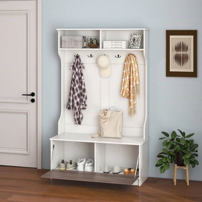 Entryway Bench Coat Rack Shoe Storage Cabinet in White Oak Wood Finish - Asmota