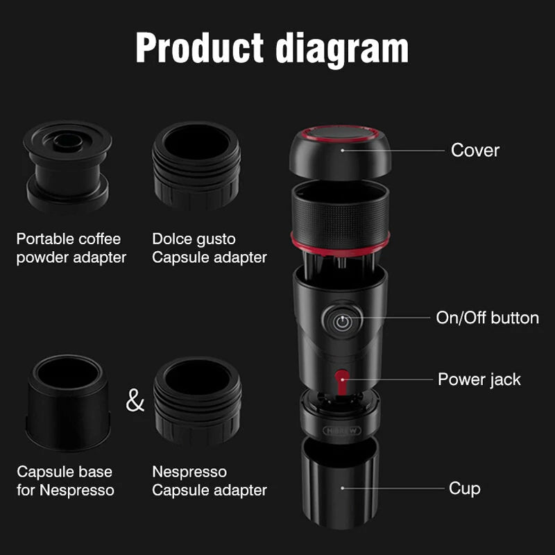 [EU/US/AE Direct] HiBREW H4 Multifunctional Portable Coffee Machine Adapter & Storage Bag & Foldable Holder Compatible with NS Capsules DG Capsules & Ground Coffee for Outdoor Activities - Asmota