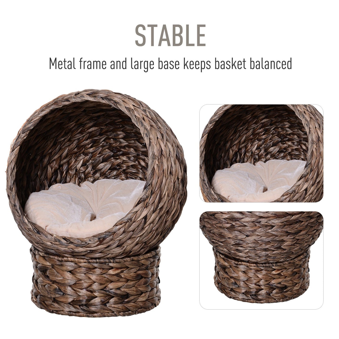 Handwoven Elevated Cat Bed with Rotating Basket and Cushion, Dark Gray