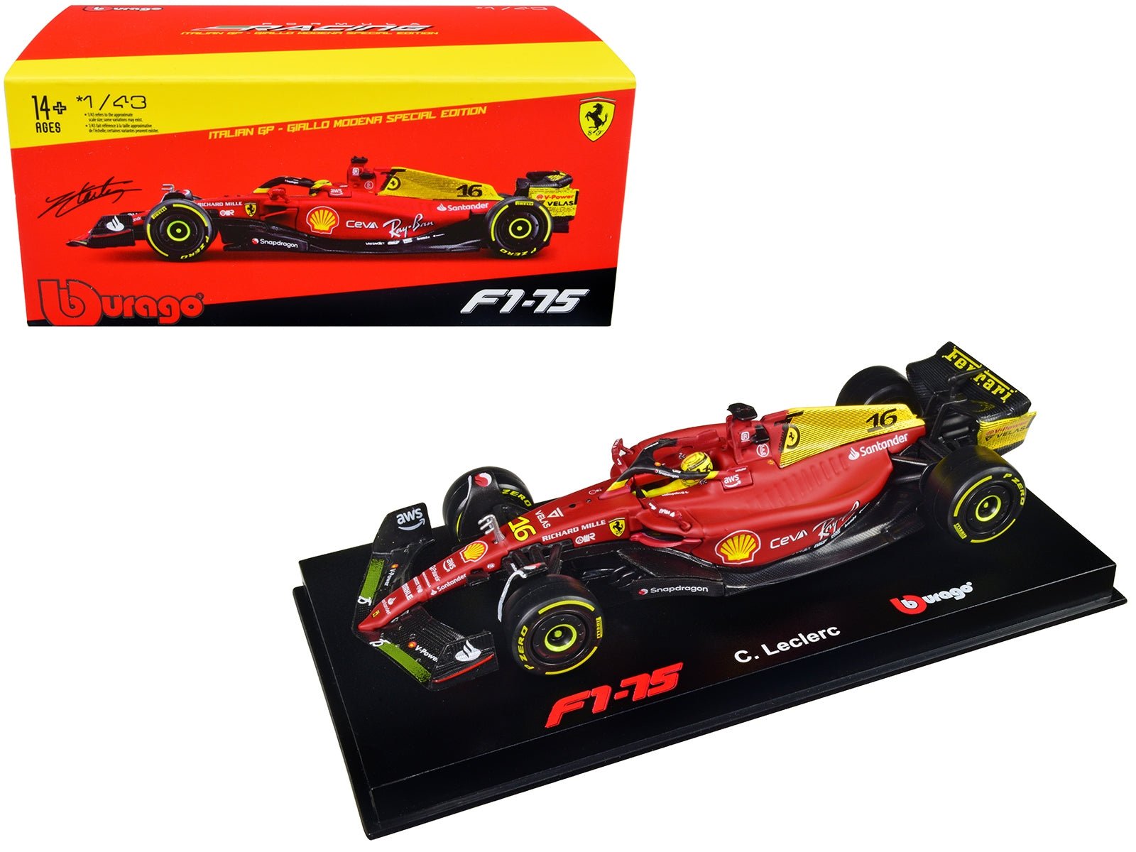 Ferrari F1 - 75 16 Charles Leclerc "Giallo Modena" 2nd Place Formula One F1 Italian GP (2022) "Formula Racing" Series with Display Case 1/43 Diecast Model Car by Bburago - Asmota