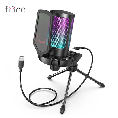 FIFINE Ampligame USB Microphone for Gaming Streaming with Pop Filter Shock Mount&Gain Control,Condenser Mic for PC/MAC - Asmota
