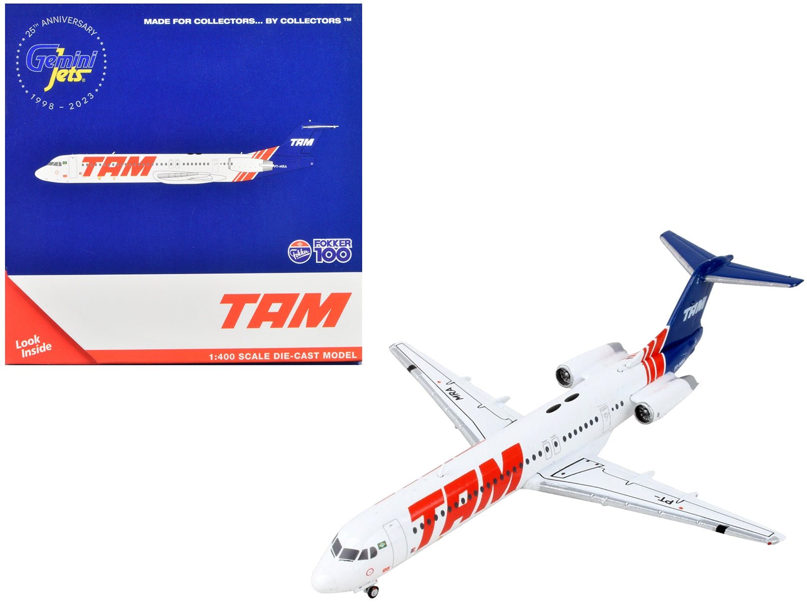Fokker F100 Commercial Aircraft "TAM Linhas Aereas" White with Blue Tail 1/400 Diecast Model Airplane by GeminiJets - Asmota