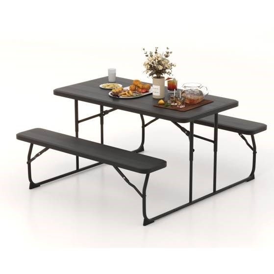 Folding Picnic Table with 2 Benches Outdoor Patio Dining Set in Black - Asmota